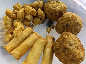 Sampler - cauliflower nuggets, egg rolls, boudin balls at Kales Kitchen  in Houston