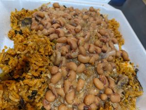 Lucky Black eyed peas, over shrymp fried rice. Brings good fortune for the New Year? at Kales Kitchen  in Houston