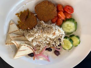 Falafel Plate (also partially eaten...woops) at Two Sisters Cafe in Babb