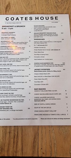 Menu as at 30 Aug 2025 at Coates House in Nailsea