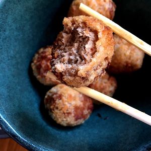 Vegans meat: deep fried "meatballs" made with high quality vegan mince Hi! (Healthy Innovation), fried in Panko breadcrumbs. Delicious! at Azaza in Tula
