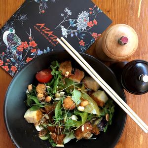 Tempura eggplant salad with tofu, peanuts, cucumbers, cherry tomatoes and hoisin sauce. Gorgeous taste! at Azaza in Tula