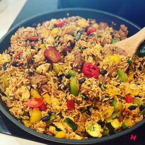 Spicy South American one pan rice, beans, chickn and veg.  at Garden of Vegan in St Albans