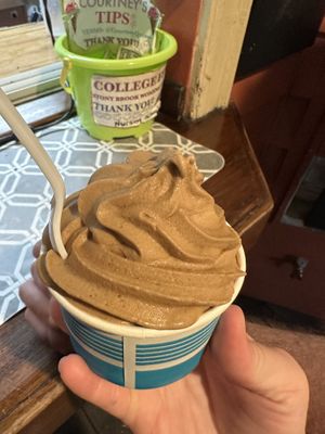 Vegan chocolate caramel soft serve - this flavor and vanilla as of 07/2024  at Port Jefferson Ice Cream Cafe in Port Jefferson