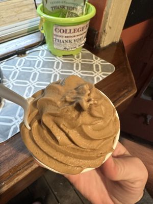 Vegan chocolate caramel soft serve - this flavor and vanilla as of 07/2024  at Port Jefferson Ice Cream Cafe in Port Jefferson