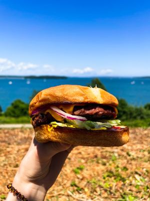 Classic burger with vegan cheese added at Curbside Comforts in Gorham