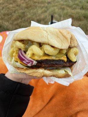 Classic burger with Mac and cheese on top  at Curbside Comforts in Gorham