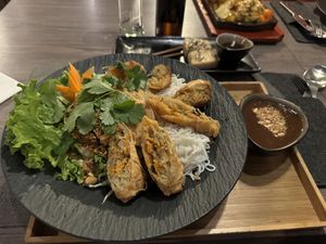 Tofu mit Reisnudeln, vegane Frühlingsrollen und Salat  at Phở Hà Nội in Linz