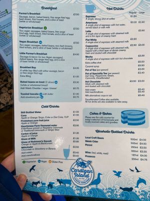 Menu at Cardigan Island in Gwbert