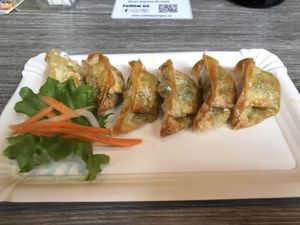 6 fried dumplings; wheat, soy, sesame:  at EatHappy Vegan in Oslo