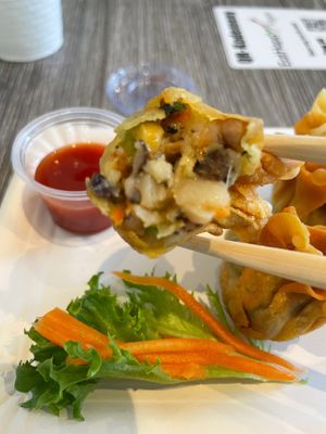 No. 5 fried wonton, full of shiitake, veg, soy protein at EatHappy Vegan in Oslo