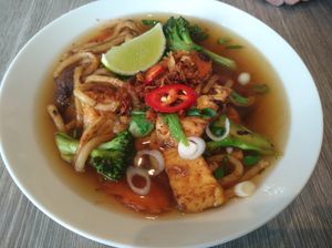 Banh Canh soup  at EatHappy Vegan in Oslo