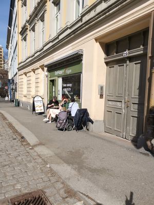 Outside at EatHappy Vegan in Oslo
