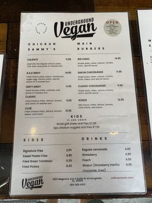 menu  at Underground Vegan in Birmingham