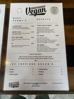 menu  at Underground Vegan in Birmingham