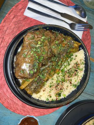 Orange Seitan & Morita. Almond Semolina with oven roasted veggies. The orange glaze made the dish.  at El Armadillo Mazunte in Mazunte