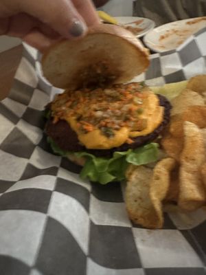 Impossible burger with cashew cheese and pickled relish  at Bare Bones in La Porte