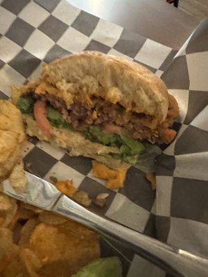 Impossible burger with cashew cheese and pickled relish  at Bare Bones in La Porte