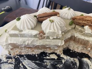 Lotus-pistachio-coconut birthday cake  at Tom Itzhaki in Tel Aviv