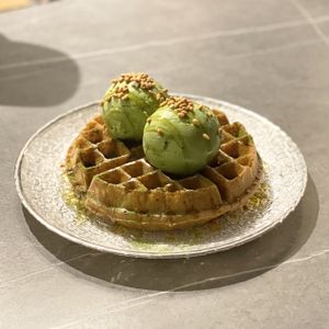 Matcha°1 and Matcha°2 over fluffy waffles at Hvala - Craig Rd in Central Singapore