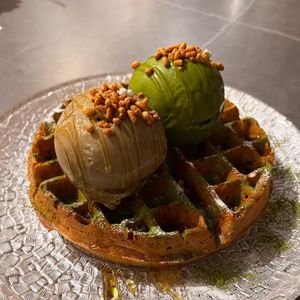 Hojicha + Matcha °3 over dairy-free waffles  at Hvala - Craig Rd in Central Singapore