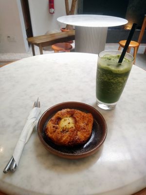 Warm danish pastry and Matcha ice blend. at Hvala - Craig Rd in Central Singapore