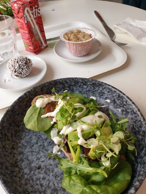 Vegan sandwich that was made on request. Vegan chocolate ball and vegan mini pie.  at Lilla Bageriet Lidköping in Lidkoeping