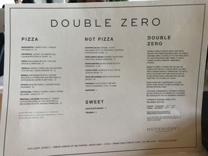 Menu at Double Zero in Baltimore