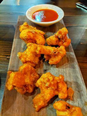 Cauliflower pakoras with lightly-spiced ketchup at Norbu in Lancaster