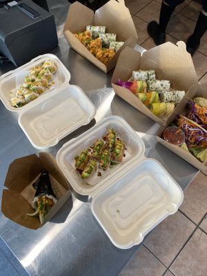 The spread (crispy tuna in the bottom center) at Vegan Castle in Long Beach