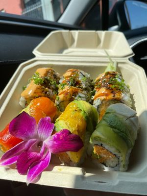 Rainbow & Shrimp Tempura Roll’s at Vegan Castle in Long Beach