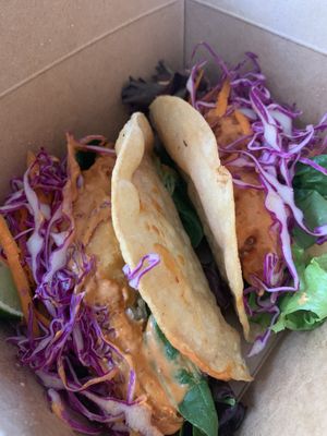 Shrimp and fish taco at Vegan Castle in Long Beach