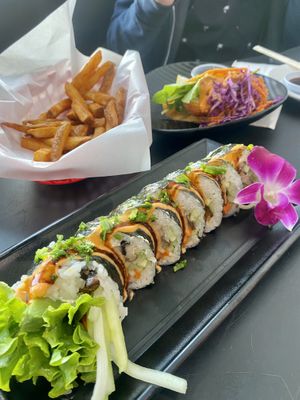 I think the veggie roll with fish taco behind at Vegan Castle in Long Beach