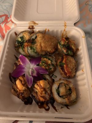 Some of the most delicious, vegan sushi you will ever eat, or any sushi for that matter!  at Vegan Castle in Long Beach