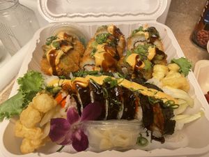 Spider roll (in front) and crunch roll  at Vegan Castle in Long Beach