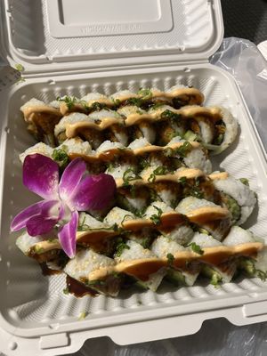 Shrimp tempura and spider rolls    at Vegan Castle in Long Beach