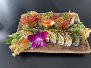 Dragon and Spider rolls.  at Vegan Castle in Long Beach