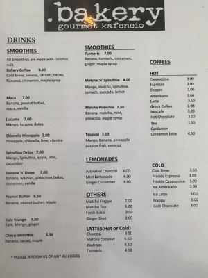 Smoothies and drinks. All smoothies are made with coconut milk at Bakery Kafeneio in Limassol