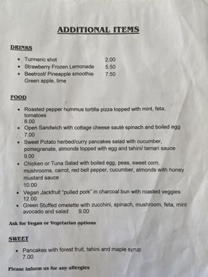 Current additional items, many can be made vegan at Bakery Kafeneio in Limassol