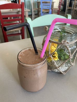 Cold brew coffe, cacao, banana smoothie 😛 at Bakery Kafeneio in Limassol