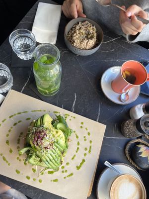 Hummus open sandwich and breakfast rice  at Bakery Kafeneio in Limassol