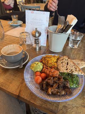 had the Vegan brunch which was really good + a cappuccino with oat milk! Recommend   at Megan's on the High Street in West London