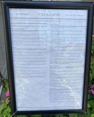 Menu (almost no vegan option) at Villa Capri in Madrid