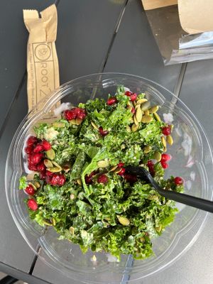 The Kale-Caesar salad. Four ingredients: Kale, pomegranate, pumpkin seeds, quinoa + amazing vegan dressing = perfection. at Root 2 Rise in Pleasantville