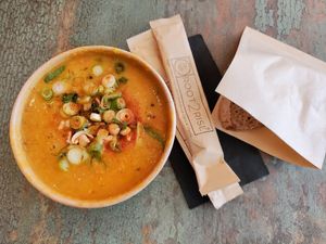 Mulligatawny soup (we got it medium spice it was perfect!) at Root 2 Rise in Pleasantville