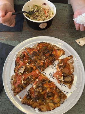 Yummy grain-free (buckwheat) marinara & cheese pizza with mushrooms & garlic  at Root 2 Rise in Pleasantville