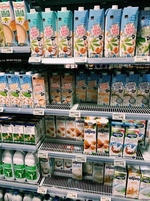 The variety of milk alternatives. at Coop Zürich Stadelhofen in Zurich