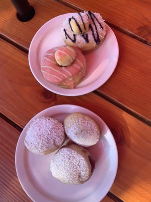 Coconut ube donut/strawberry donut. Lilikoi and strawberry malasadas at HICO in Kailua Kona