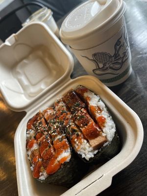 Tofu Musubi and mushroom soy latte 😋 #Veganuary at HICO in Kailua Kona