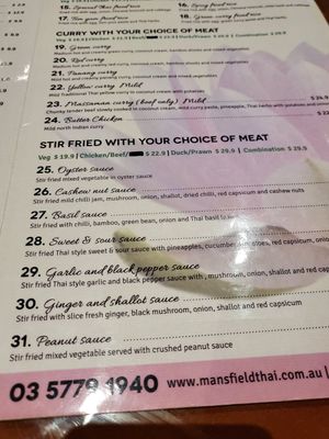 Menu at Mansfield Thai in Mansfield